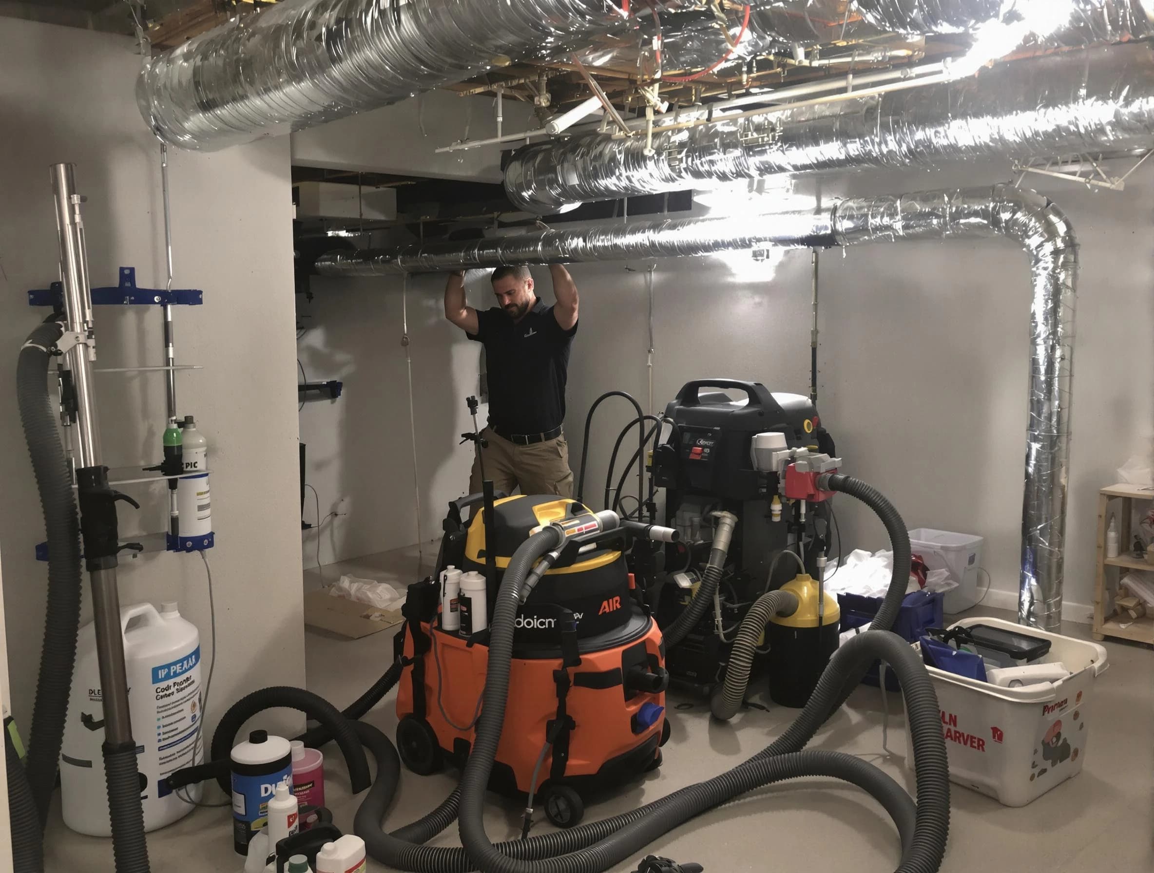 Woodstock Air Duct Cleaning specialist performing professional mold removal from air ducts using safety equipment in Woodstock