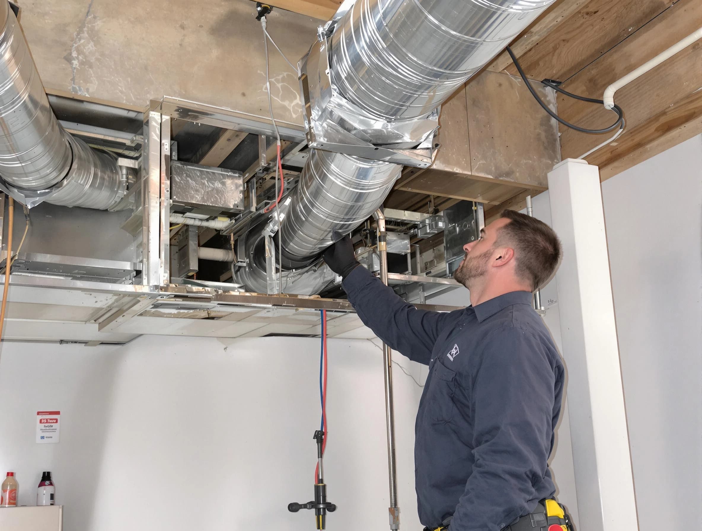 Woodstock Air Duct Cleaning technician performing professional air duct repair using specialized tools in Woodstock