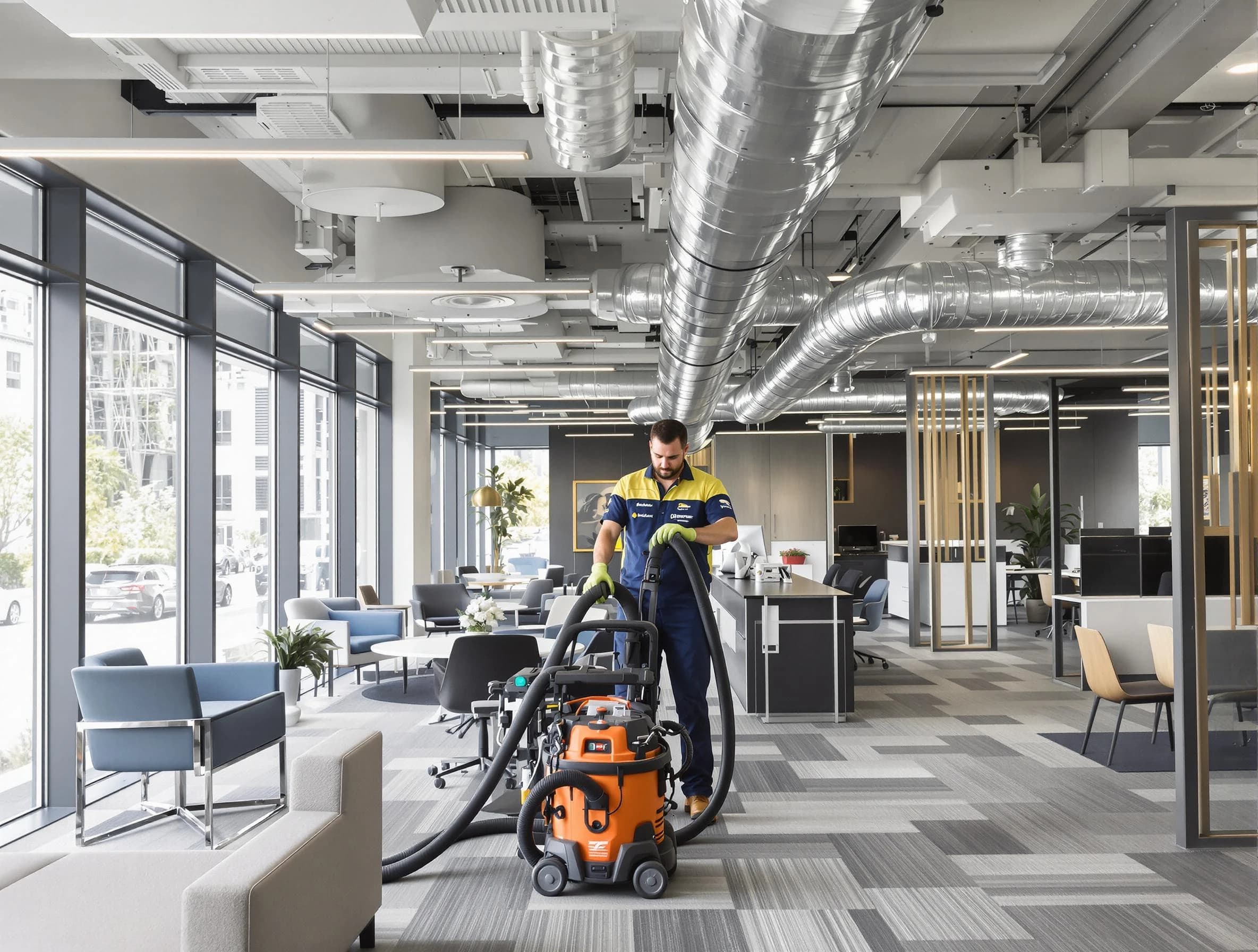 Woodstock Air Duct Cleaning team performing thorough commercial duct cleaning at a Woodstock business center