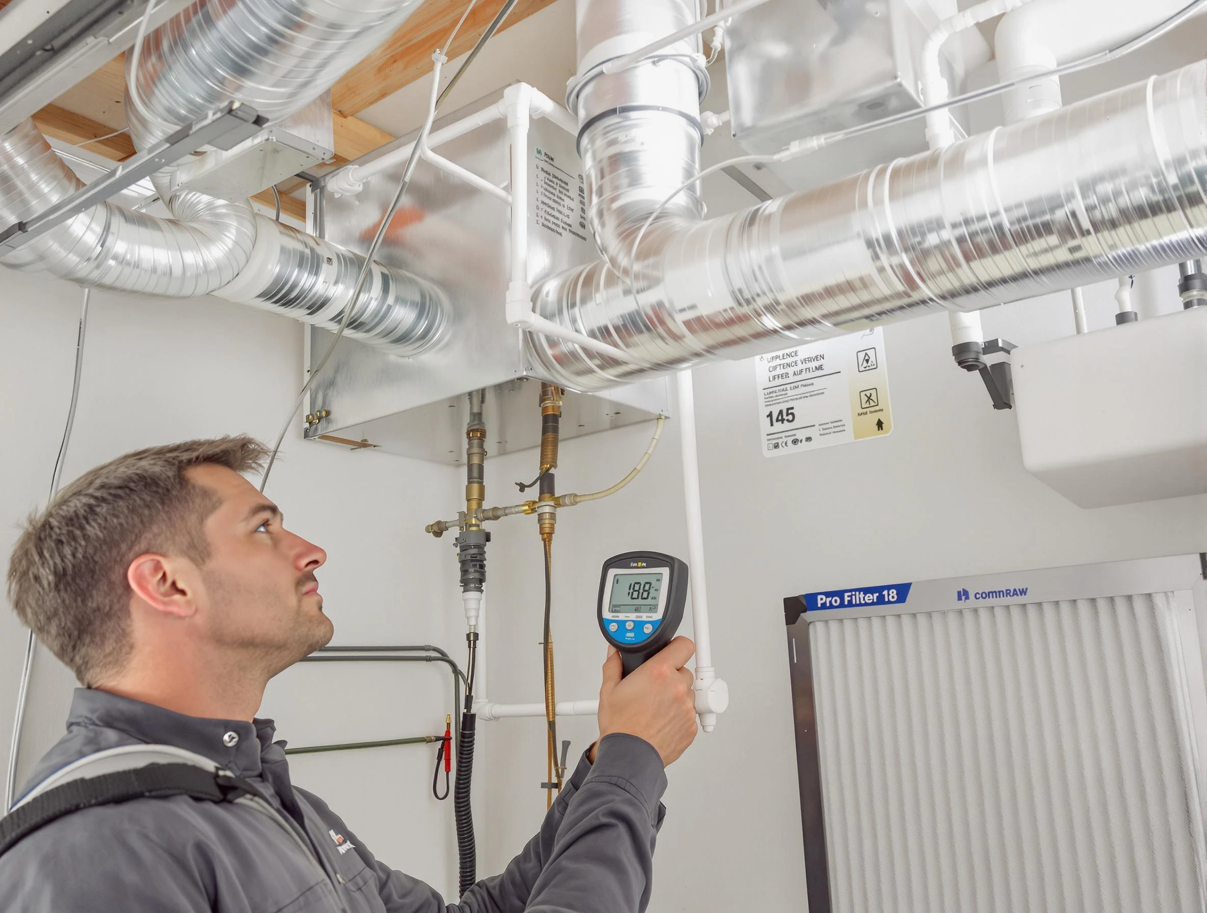 Woodstock Air Duct Cleaning expert conducting detailed filter system inspection using diagnostic tools in Woodstock